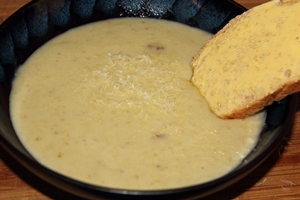 Potato, leek, and bacon soup, with a slice of bread